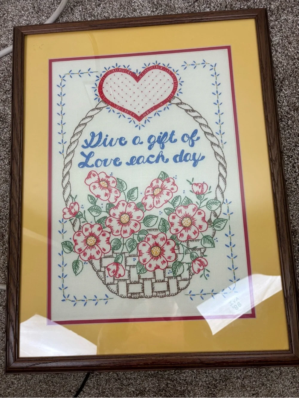 Vintage Hand-Embroidered Flower Basket”Give a Gift of Love Each Day”Frame/Matted